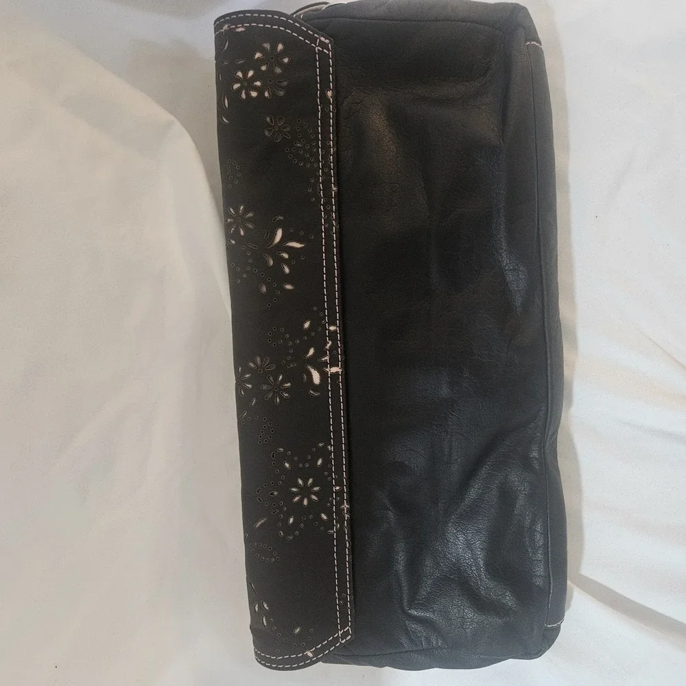 Sigrid Olsen Black Leather Floral Laser Cut Perforated Foldover Clutch Shoulder